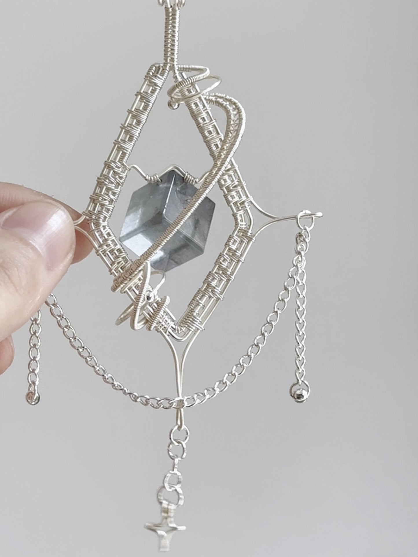 Silver-Woven Crystal Prism Pendant Necklace