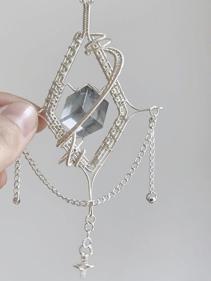 Silver-Woven Crystal Prism Pendant Necklace